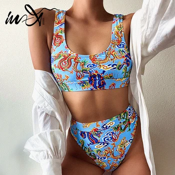 

In-X Retro high waist bikini set 2020 Sexy dragon print swimsuit female bandeau swimwear women swimming suit bathing suit new