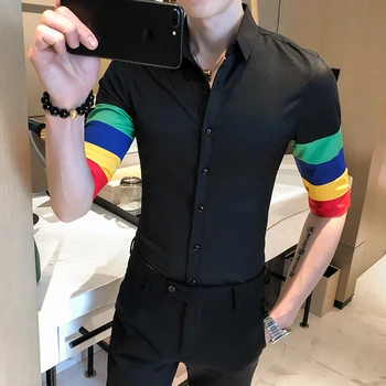 

2020 Korean Designer Men Shirt Half Sleeve Slim Fit Business Dress Shirts Streetwear Social Black White Blouse Camisa Masculina