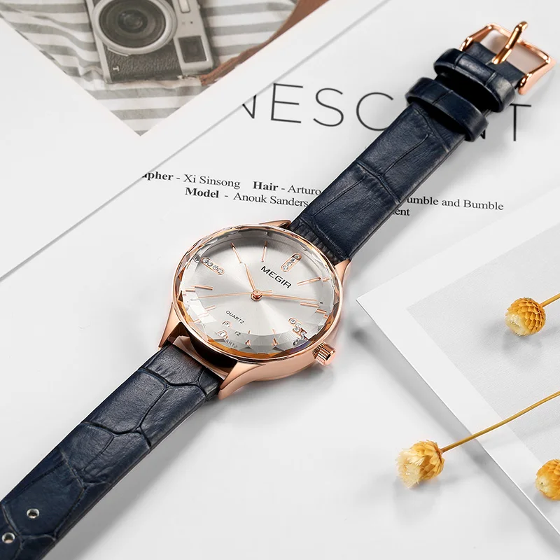 Najtaniej MEGIR luksusowe kobiety zegarki Reloj Mujer niebieski skórzany damski zegarek kwarcowy kobiet zegarki na rękę zegar Relogio Feminino Dropshipping