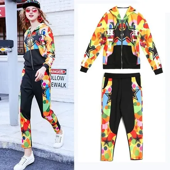 

Women 2 Pcs Tracksuit Spring Autumn Colorful Stars Print Hooded Sweatshirts Tops And Harem Pants Sets Suit Clothing Set NS963