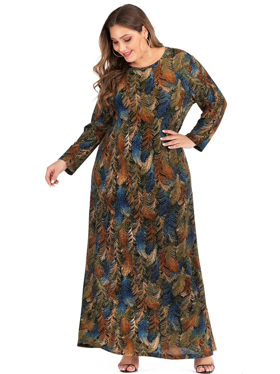 Осенне-зимнее платье плюс размер 5XL женское с длинным рукавом расшитое блестками перо печати макси длинные платья свободная туника большого размера платье