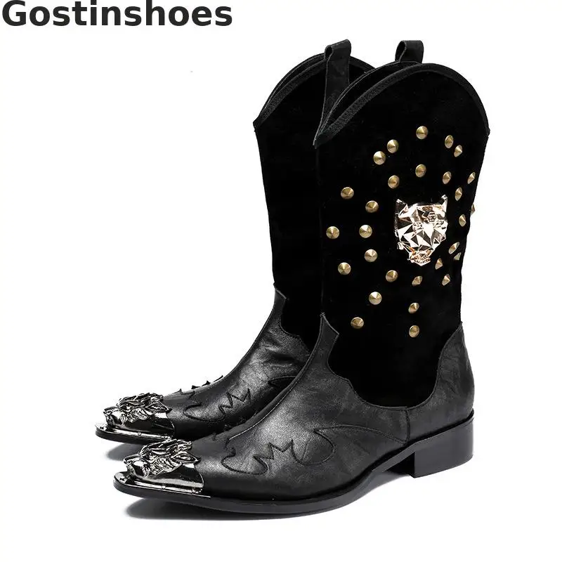 

Men Winter Boots Black Mid-calf Genuine Leather Slip-on Men Snow Boots Pointed Metal Capped Toe Men Short Boots Fashionable