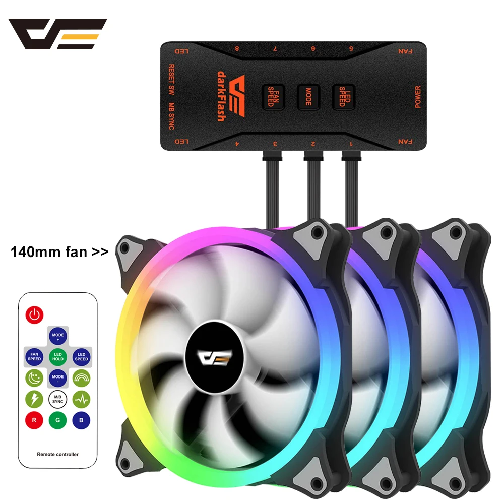 Вентилятор darkFlash для корпуса компьютера 140 мм RGB подсветка 3 контакта 5 В 4