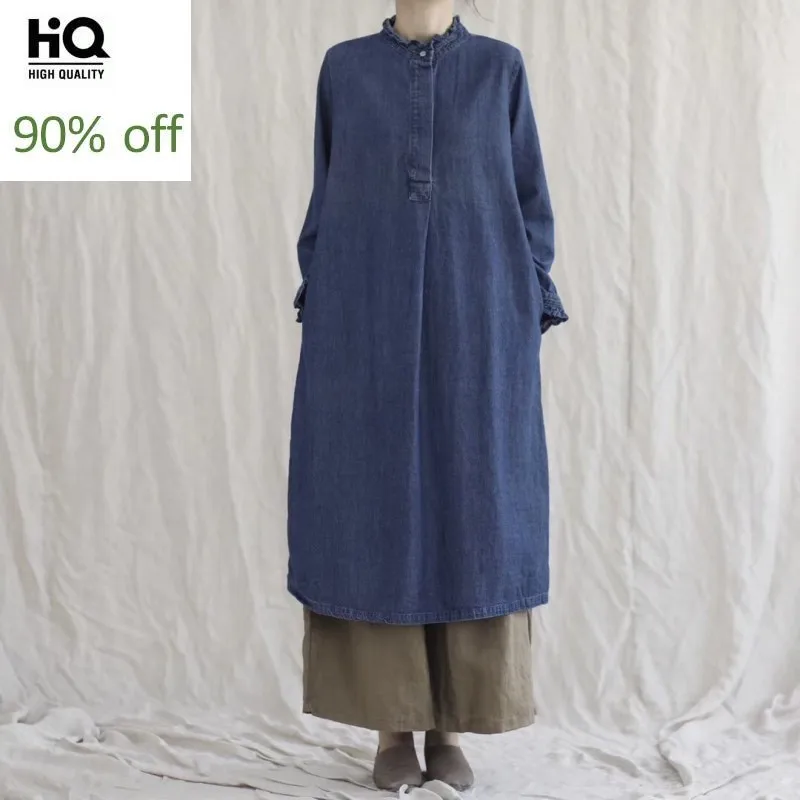 Новинка 2020 уличная одежда женское джинсовое платье с длинным рукавом оборками со