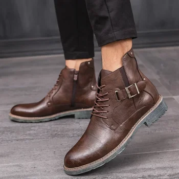 

Fashion Men Pu Leather Low Heel Lace-up Buckle and Zip Shoes Pointed Toe Ankle High Style Male High Quality Martin Boots 4M063
