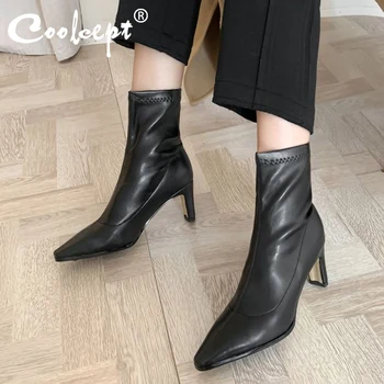 

Coolcept New Arrival Boots Ankle Shoes Pointed Toe Slip On Thick High Heel Sock Boots Flock Female Footwear Solid Size 34-39