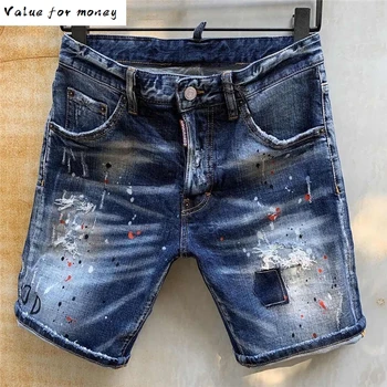 

top Style summer Italy jeans men Shorts jeans Men denim trousers straight paint Slim blue hole Shorts jeans for men