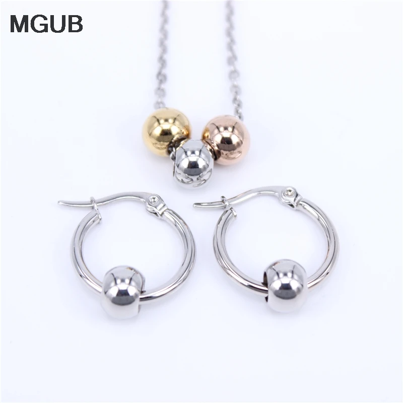 MGUB Earring size choice 10mm-70mm Activity 3 Colored Metal beads Jewelry Stainless Steel Jewelry Set (Earrings Necklace)gift