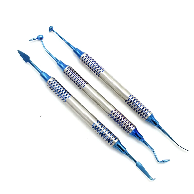 Koop 6pcs Dental Composiet Hars Vullen Spatel Titanium plated Hoofd Hars Filler Set dikke handvat Restauratie set Tandheelkundige Instrument