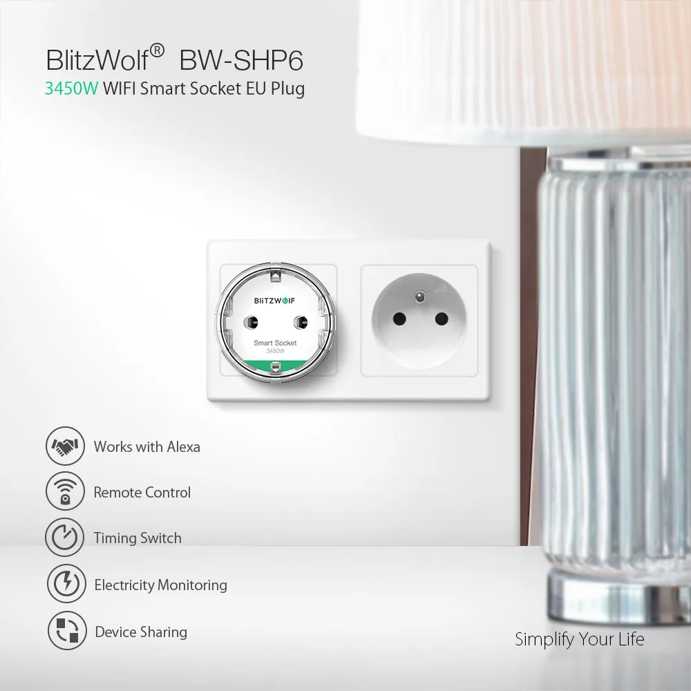 Najtaniej BlitzWolf BW SHP6 ue wtyczka dozująca wersja inteligentne gniazdo wifi 220 V 240 V 15A praca z amazon alexa dla IFTTT dla asystent google