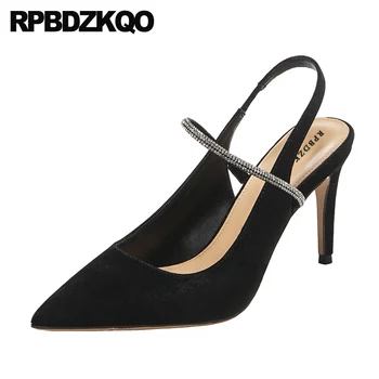 

crystal designer brand shoes women big size rhinestone black sandals slingback pointed toe pumps diamond thin golden high heels