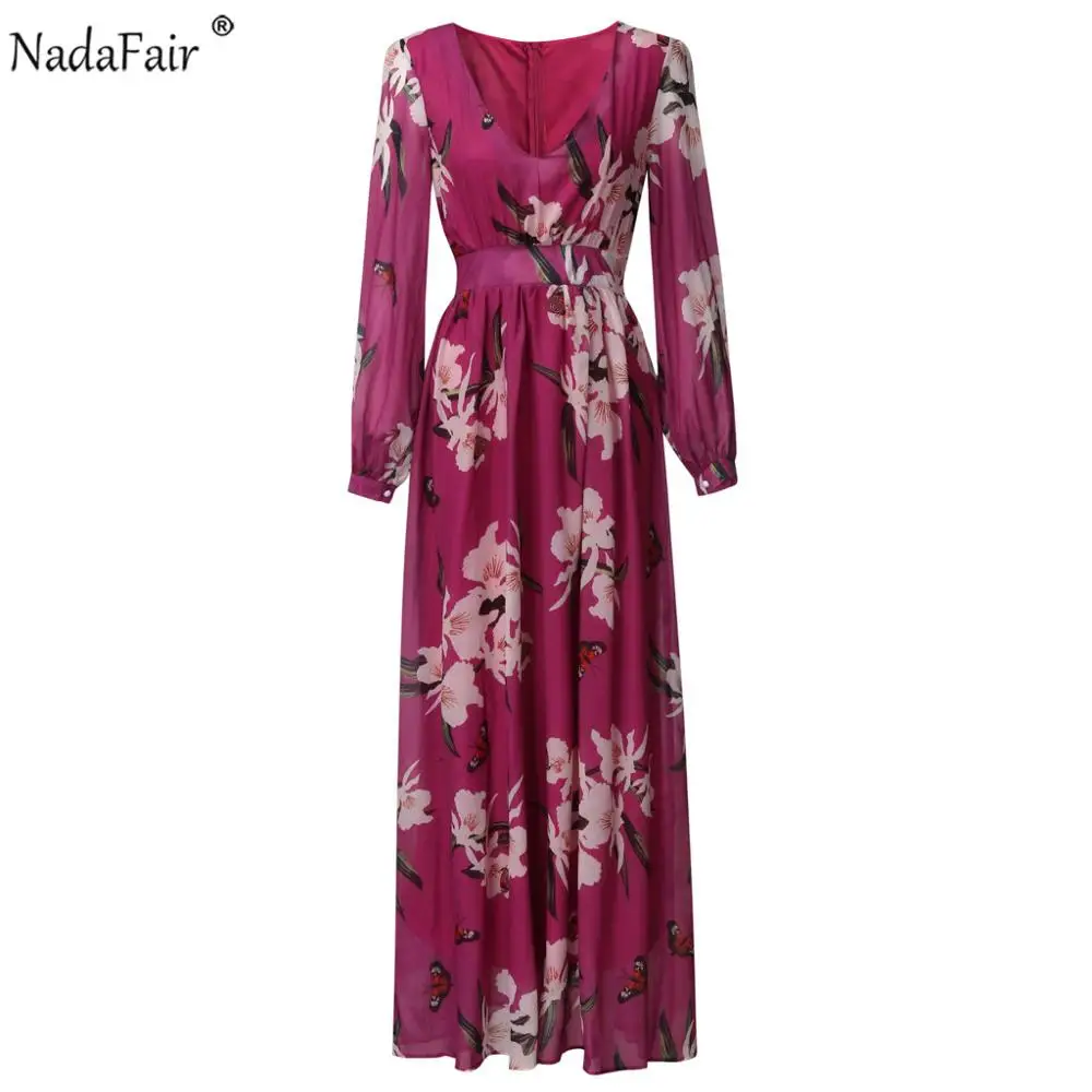Nadafair Фиолетовое Женское Бохо Макси платье пляжные вечерние размера плюс шифоновое платье Дамское сексуальное с v-образным вырезом длинное с цветочным принтом летние платья
