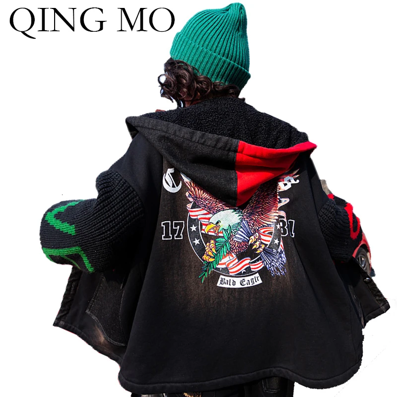

QING MO Winter Women Denim Coat 2019 Women Wool Patchwork Coat With Pockets Female Streetwear Loose Coat ZQY2124