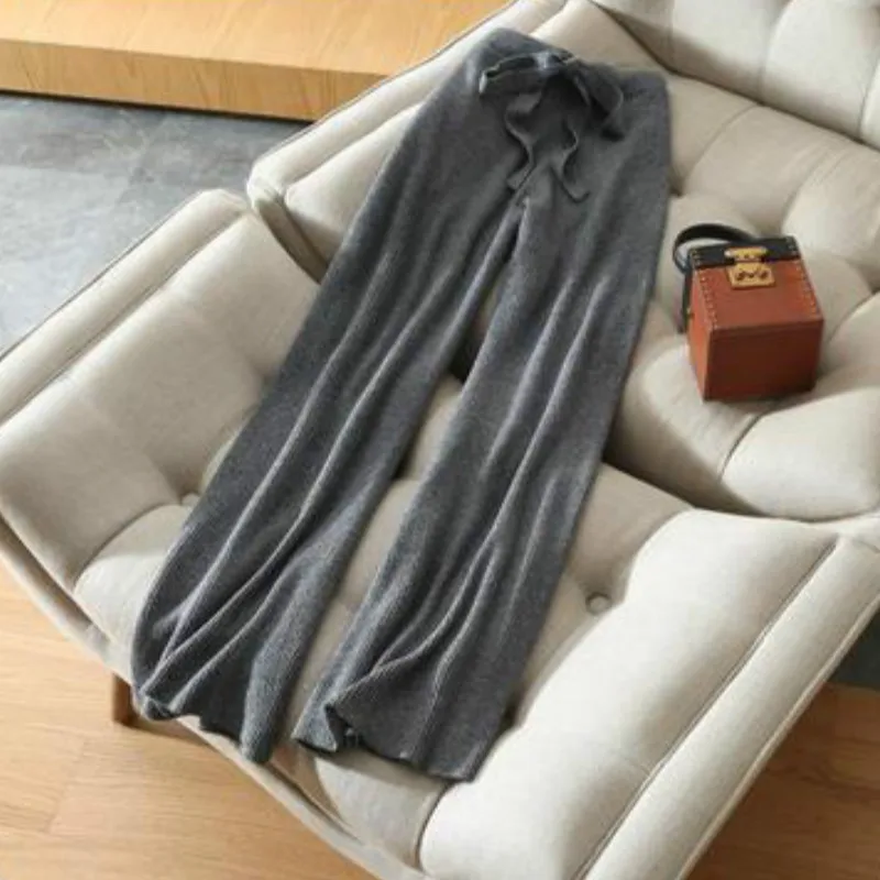 Dark gray Новинка, женские брюки, мягкие, восковые, удобные, с высокой талией, кашемировые, вязаные, женские, чистый цвет, широкие, повседневные брюки - Цвет: Dark gray