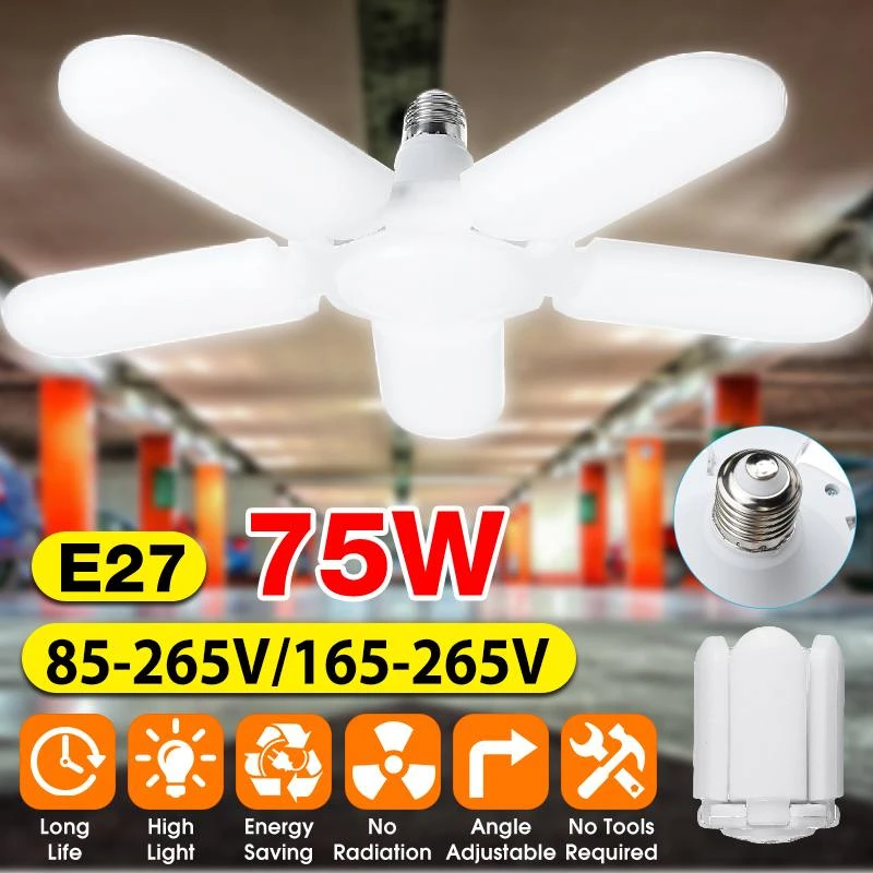 75W E27 Deformable LED Garage Light Fan Blade Angle Adjustable Ceiling Lamp Neu
