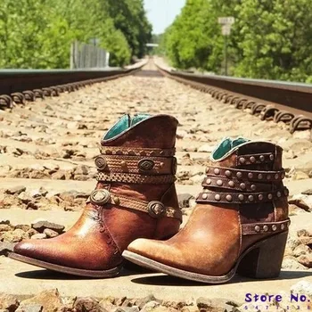 

Women mid-calf boots high heels matin shoes vintage PU leather gladiator booties woman mujer zapatos HP2413 botas mujer invierno