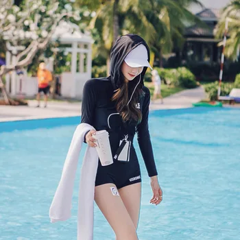 

Swimming Swimwear Women Bodysuit Windsurf Long Sleeve New Hat Swimsuit Female Block Black Swim Polyester Solid Rashguard