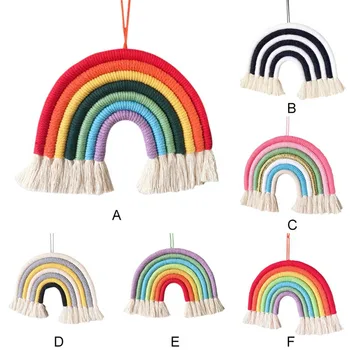 

Style Room Decoration Handmade Woven Cotton Rope Rainbow Hanging Decoration Wall Hanging Decor With Felt Ball Photo Props