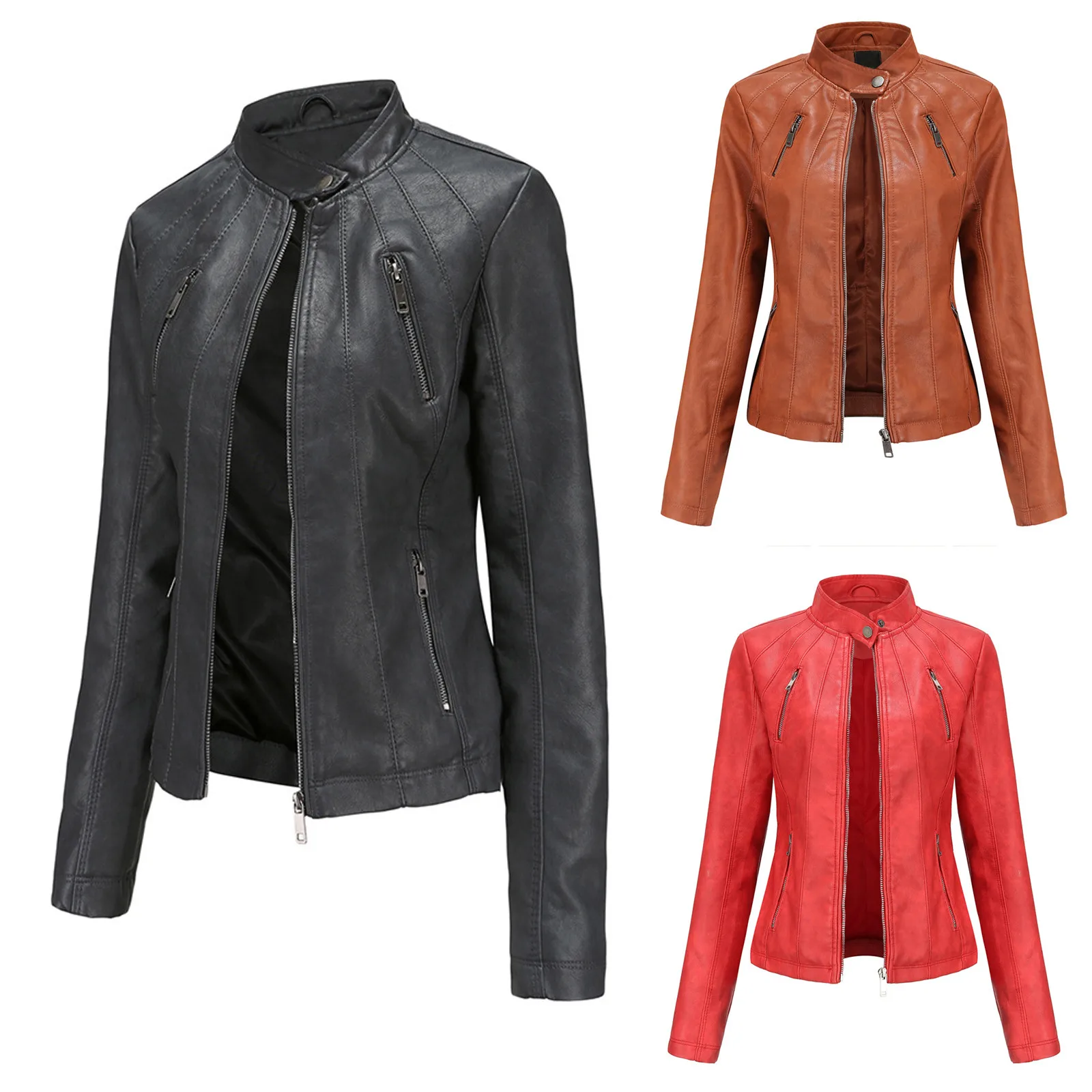 women Leather Jacket 2021 Women Zippers Spring Autumn Women's PU Leather Jacket Mandarin Collar Red Motor Biker Coat Female 1