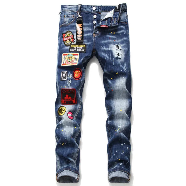 Pantalones vaqueros elásticos ajustados con parches para hombre, ajustados de mendigo para otoño invierno, nuevos pantalones vaqueros ajustados con parches pintados a salpicaduras|Pantalones vaqueros| - AliExpress