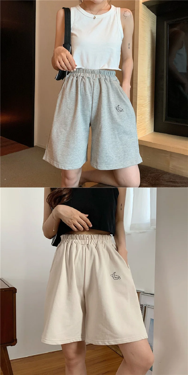 lululemon shorts Elastic Waist Casual Beach Party Korean version clothing size High waist Moon embroidery movement shorts women Summer khaki shorts