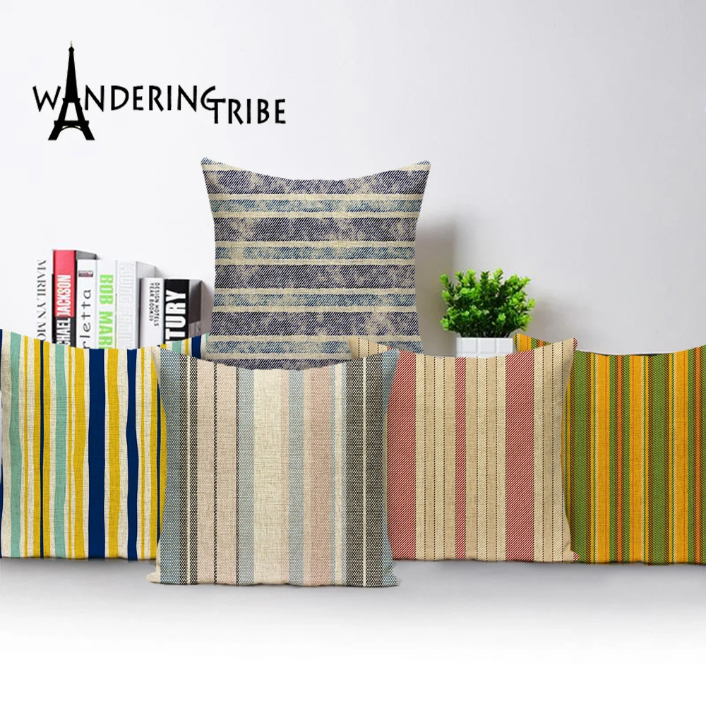 

Colorful Stripes Pillow Cases Painting Decorative Cushions Covers Linen Pillow Case Cushion Cover 45X45Cm Car Sofa Pillows Cover