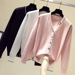 Осень 2019, корейский стиль, свободный свитер, топы, женский кардиган, цветная пряжа, розовое пальто