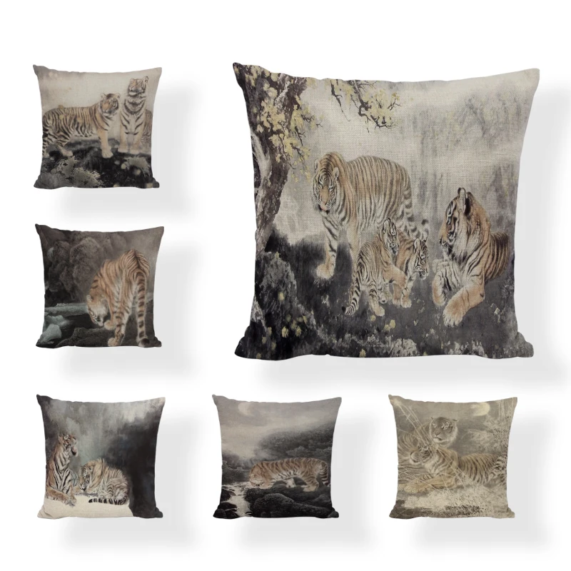 Promotional Ink Color Tiger Pattern Cushion Cover Linen 45*45 CM Simple Fierce Style Pillowcase Furniture Sofa Decoration | Дом и сад