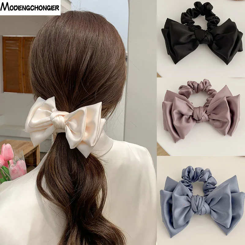Vintage Satin Bow Hair Ribbon Scrunchie for Women Girl Fashion Elastic