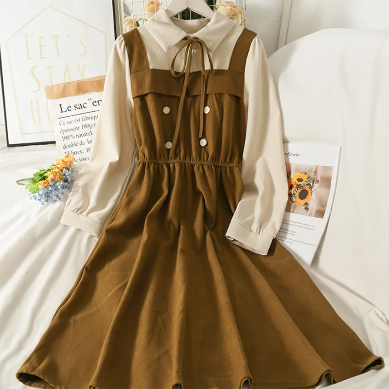 Vintage Patchwork Turndown Collar Woman Dress Korean High