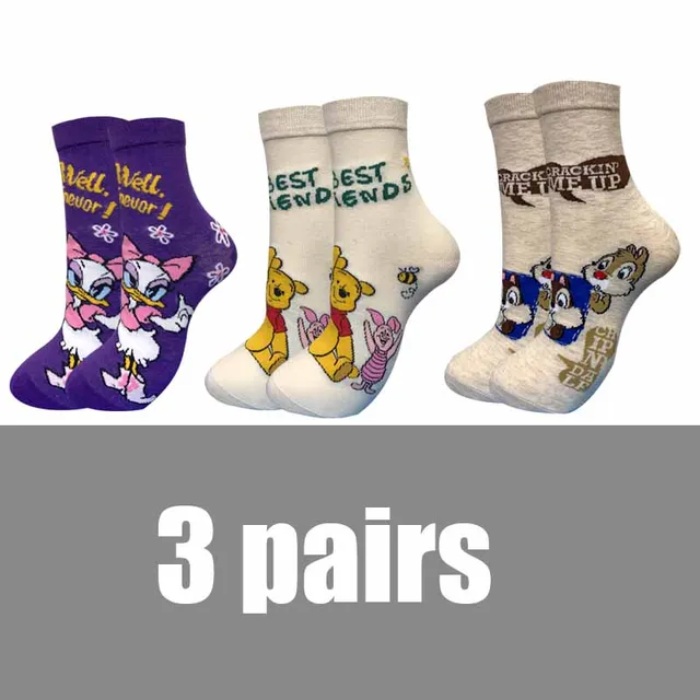 3 Pairs Casual Korea Women socks Cute Kawaii long socks Cartoon Mickey Minnie Donald Winnie Cotton socks girl socks Size 35-42 black