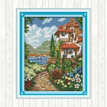 

Joy Sunday Cross Stitch Set Lakeside Mansion Landscape Painting DMC Aida 14ct Fabric for Embroidery Print Canvas DIY Needlework