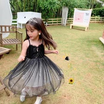 

2020 Summer New Girls Dress Sequins Veil Black Temperament Princess Dresses Toddler Children Sling Shining Vest Dress