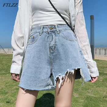 

FTLZZ New Summer Casual Denim Women Shorts Sexy Lady High Waist Solid Color Plus Size 5XL Hole Irregular Blue Jeans