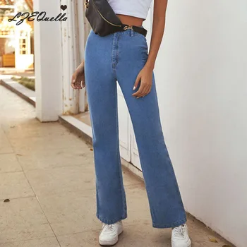 

LZEQuella Jeans for Women Female High waist Pocket Jeans Elastic Cotton Bell-bottom Jeans Washed Denim Flare Pants NZ1964