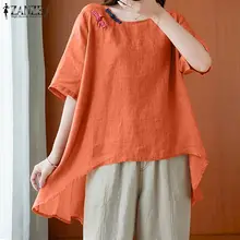 

Vintage Women Blouse ZANZEA 2021 Summer Stylish Office Lady Top Casual Cotton Linen Short Sleeve Loose Solid Blusa