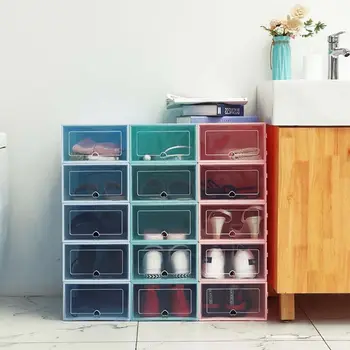 

6Pcs Plastic Shoe Box Stackable Foldable Shoe Organizer Drawer Storage Case with Clear Door Flipping Lid Ladies Men 34x24x14cm