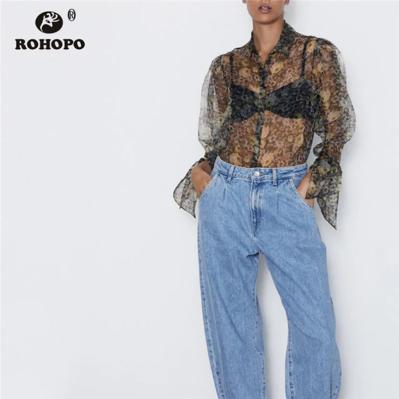 

ROHOPO Puff Long Sleeve Floral Tulle Blouse Bow Collar Semi Transparent Autumn Retro Organza Fabric Printed Tops Blusa #9734