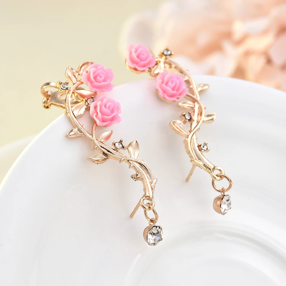 New Fashion Rose Leaf Flower Ear Stud Cuff Earring Lady Gold Pink Women Jewelry Pendientes Princesas Boucle D'oreille Cristal New Fashion Rose Leaf Flower Ear Stud Cuff Earring Lady Gold Pink Women Jewelry Pendientes Princesas Boucle D'oreille Cristal