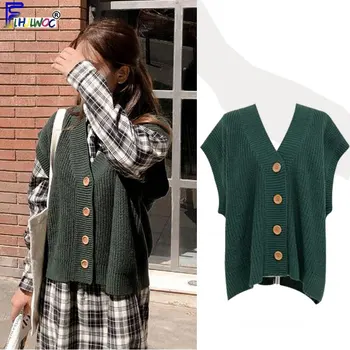 

Winter Sweater Vest Women's Classic Korea Japan Clothes Style Design Preppy Girl Green Button Knitted Sweater Cardigan Coat 1022