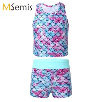 

Kids Girls Tankini Swimsuit Sleeveless Racer Back Fish Scales Printed Swimsuit Swimwear Bathing Suit Set Tops with Bottoms
