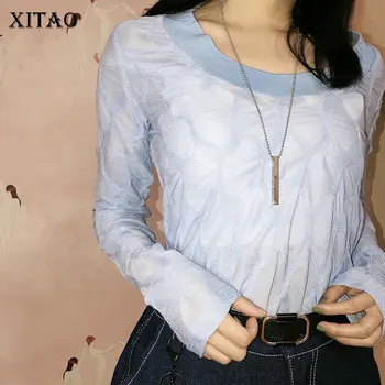 

XITAO Pleated Pullover T Shirt 2020 Spring Summer Sheath Full Sleeve Patchwork O Neck Goddess Fan Minority Tee Top DMY3267