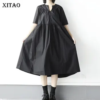 

XITAO Pleated Women Dress Elegant Minority Loose V Neck Loose Pleated Half A Line Dresses 2020 Spring New Niche Women DMY3641