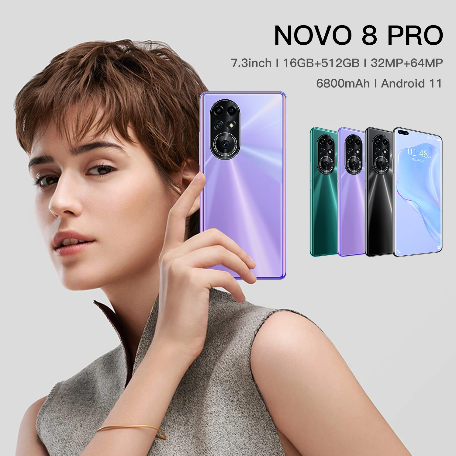 Teléfono NOVO 8 Pro 5G versión Global, gran pantalla de 7,3 pulgadas, 32 + 64MP, 12GB + 512G, Android 11, identificación facial, Batería grande de 6800mAh