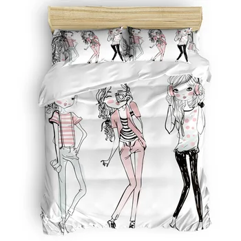 

FamilyDecor 4pcs Bedding Set Fashion Girl Cartoon Duvet Cover Set Customizable