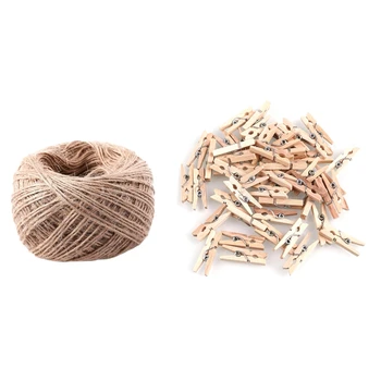 

Promotion! 1 Pcs 100 Meter Natural Textured Hessian Jute Twine String 1mm & 150 Pcs Mini Natural Wooden Clothes Photo Paper Clot