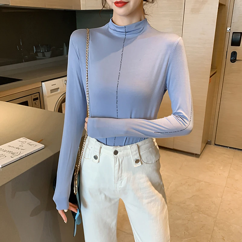 TWOTWINSTYLE Casual White Women's T Shirt Turtleneck Long Sleeve Slim Korean Shirts For Women 2019 Autumn Large Size Fashion New (2).jpg