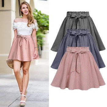 

Skirt ladies summer new sexy plaid skirt large size skirt was thin female high waist bowknot Korean version A-line mini skirt