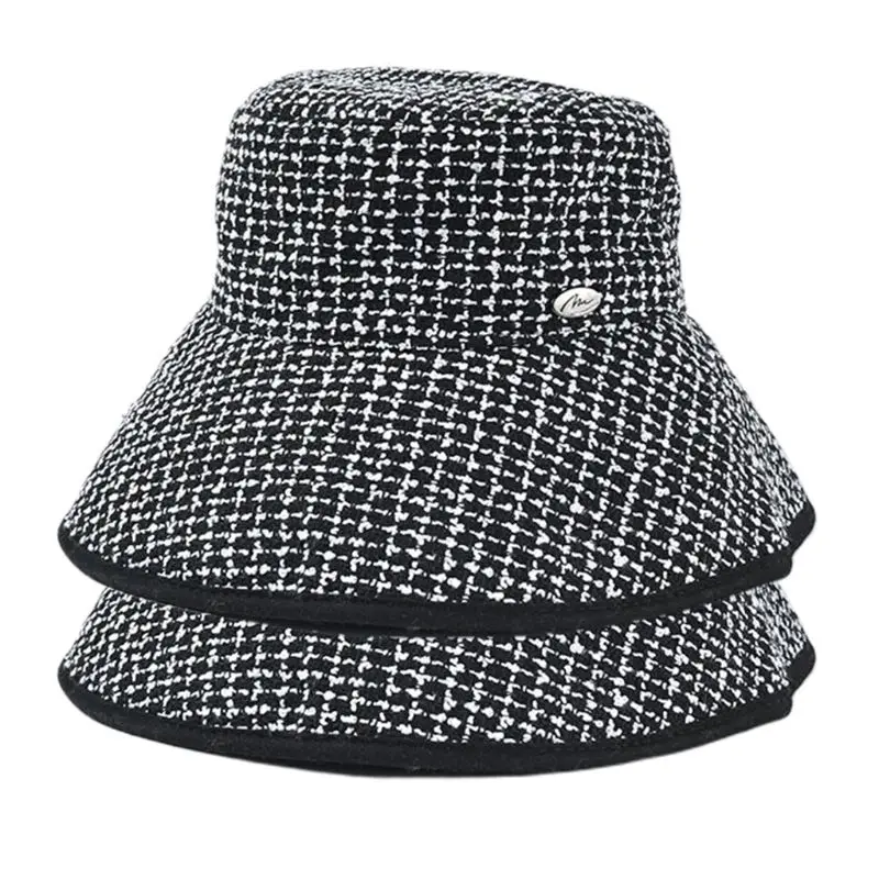 Womens Winter Weave Knit Bucket Hat Black White Plaid Wide Brim Fisherman Cap Y1AC