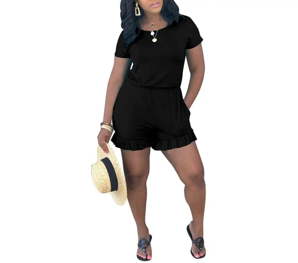 

Women Wardrobe Short Sleeve Jumpsuits Solid Color Hollow Out Ruffle Shorts Pockets Rompers Outfits